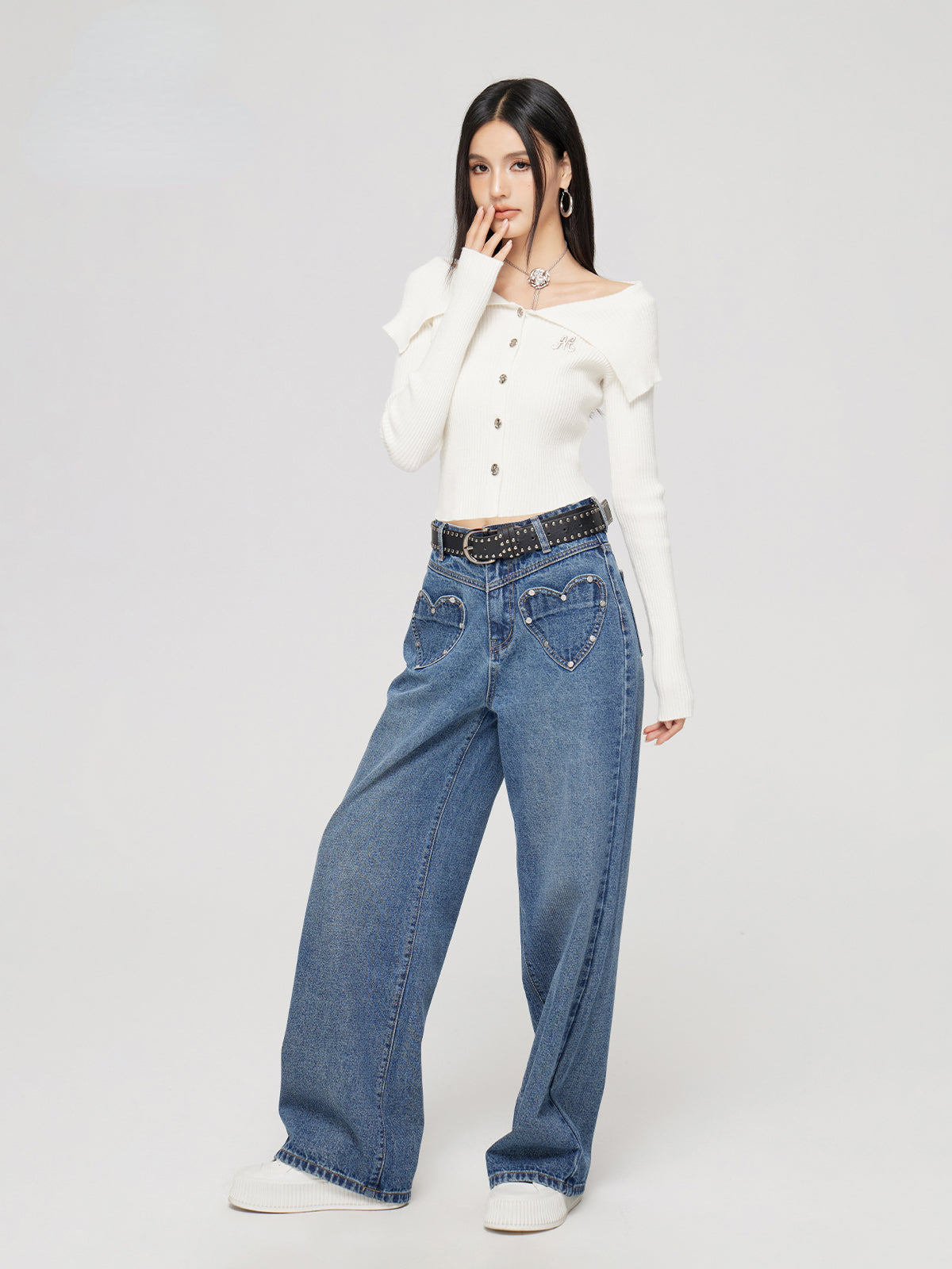 Heart-shaped Pocket Wide Leg Jeans - CHINASQUAD