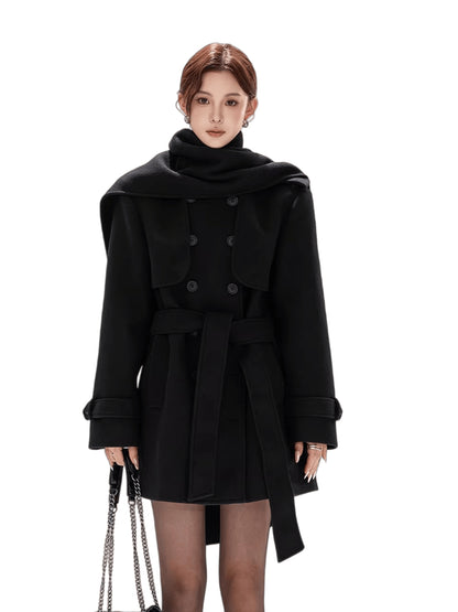 Belted Collar Mid-Length Wool-Feel Jacket