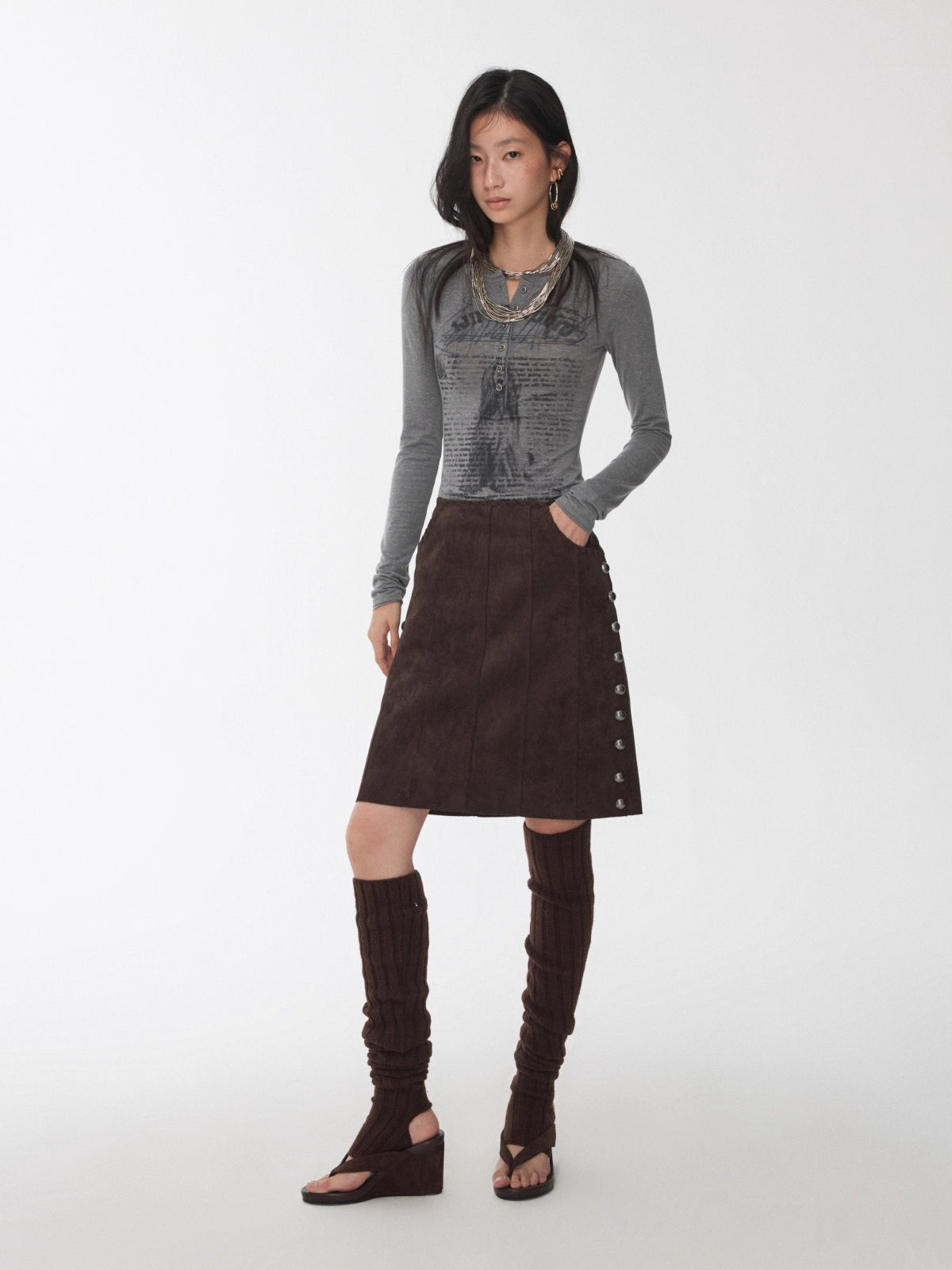 Henley Animal-Print Knitted Long Sleeves T-Shirt