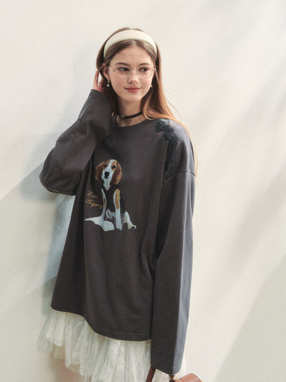 Lace Panel Dog Print Crew Neck Tee - CHINASQUAD