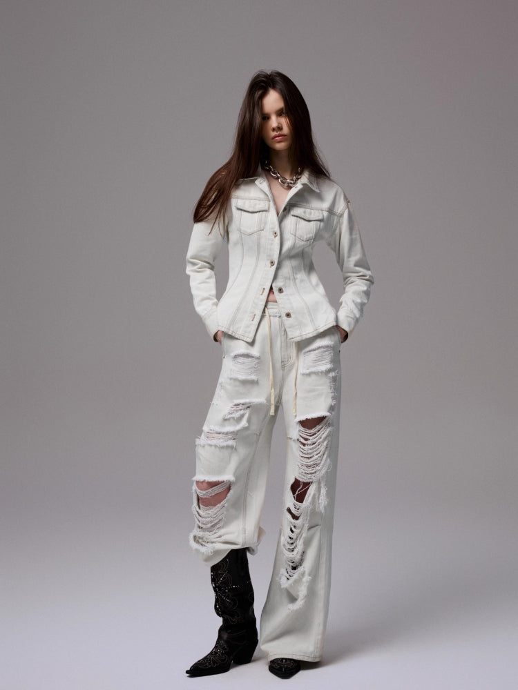 Embroidered Low-Waist Ripped Jeans