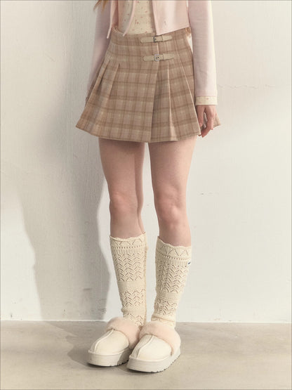Vintage Plaid Wool Leather Buckle Pleated Skirt