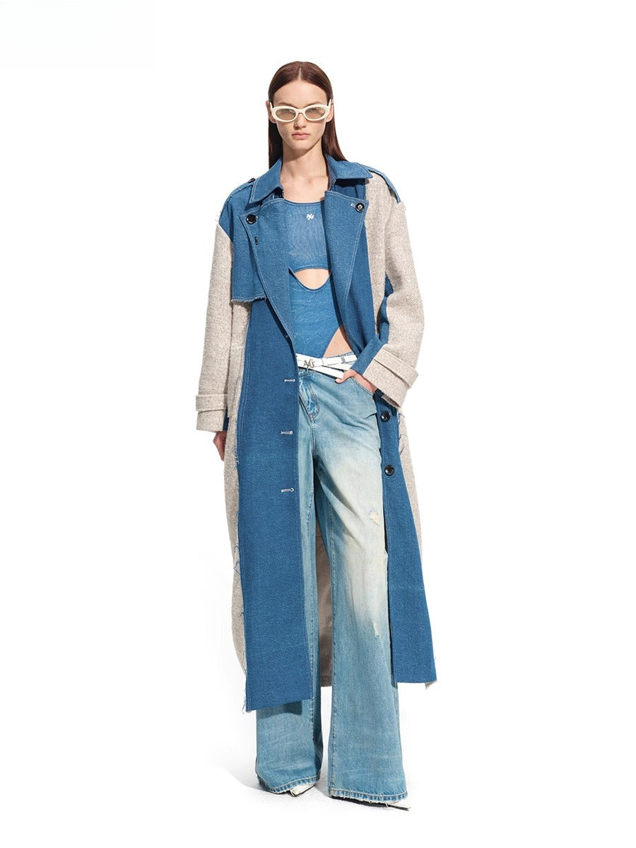 “Caracal Series” Washed Twill Patchwork Wool Denim Trench Coat
