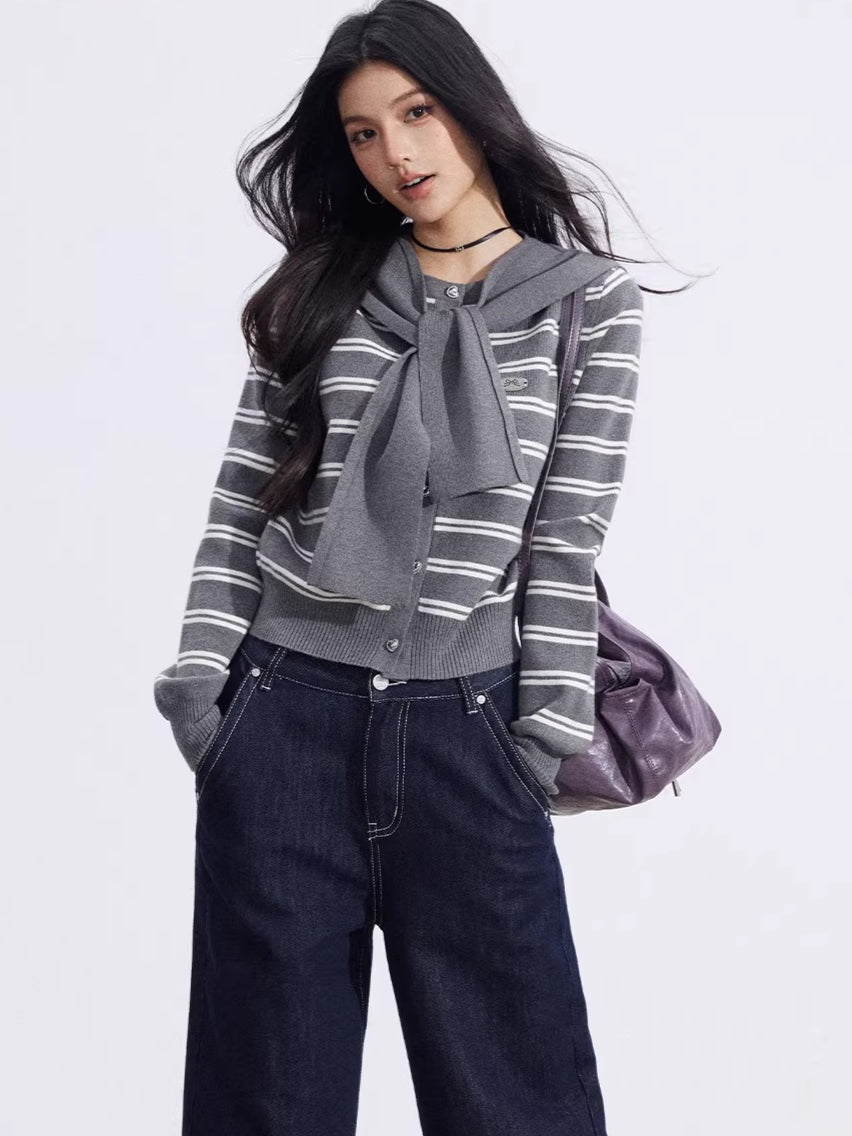 Striped Knit Cardigan &amp; Shawl Two-Piece Set