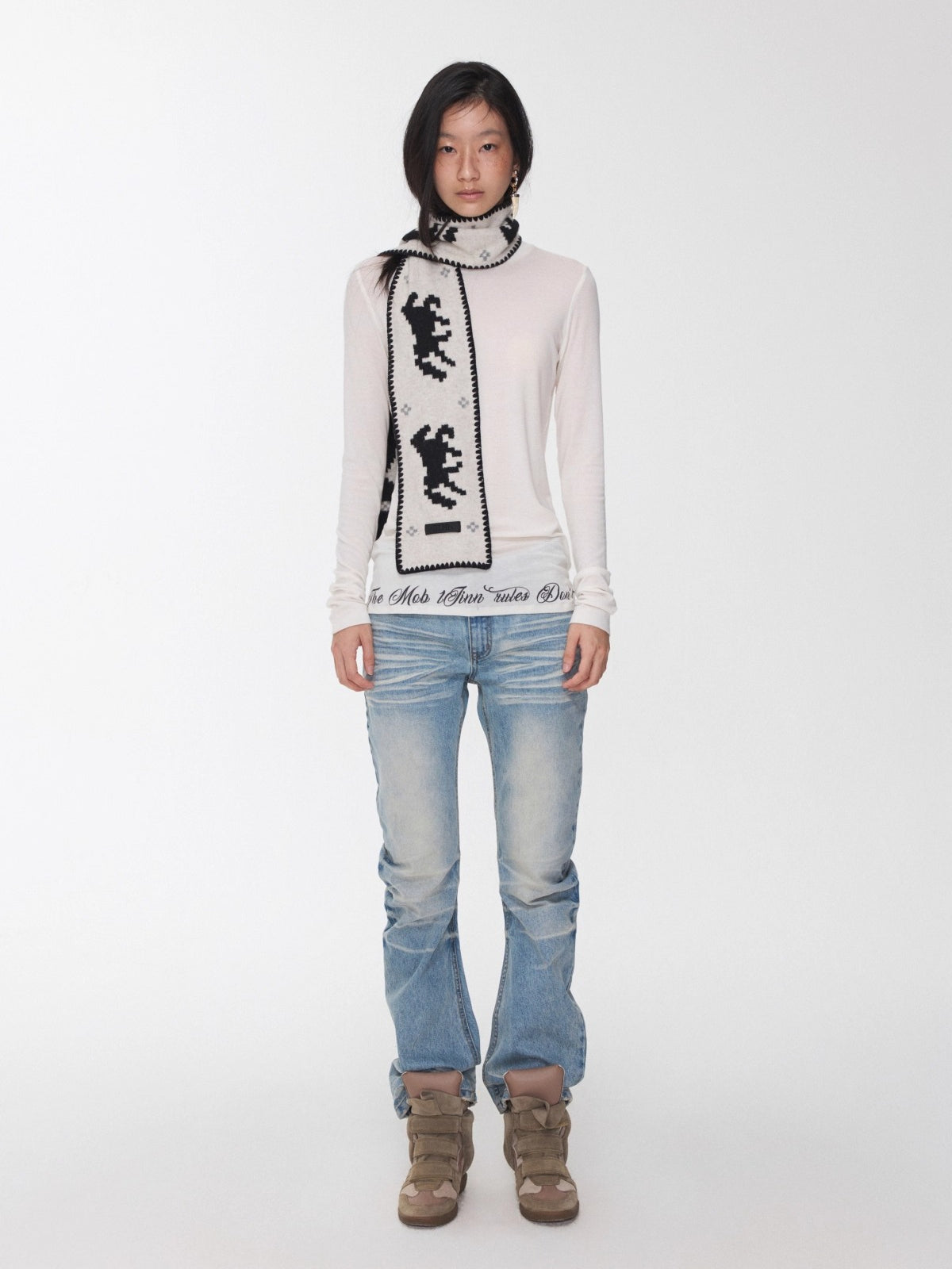 Basic Round-Neck Letter Print Semi-Sheer T-Shirt