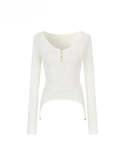 Irregular Knit Waist-Cinched Long-Sleeve Tee