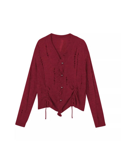 Red Pleated Knit Cardigan