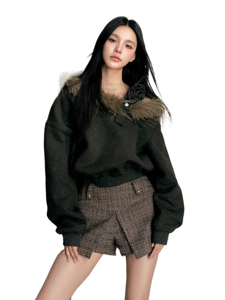 (Final Sale) Olive Green Fur Collar Short Sweater