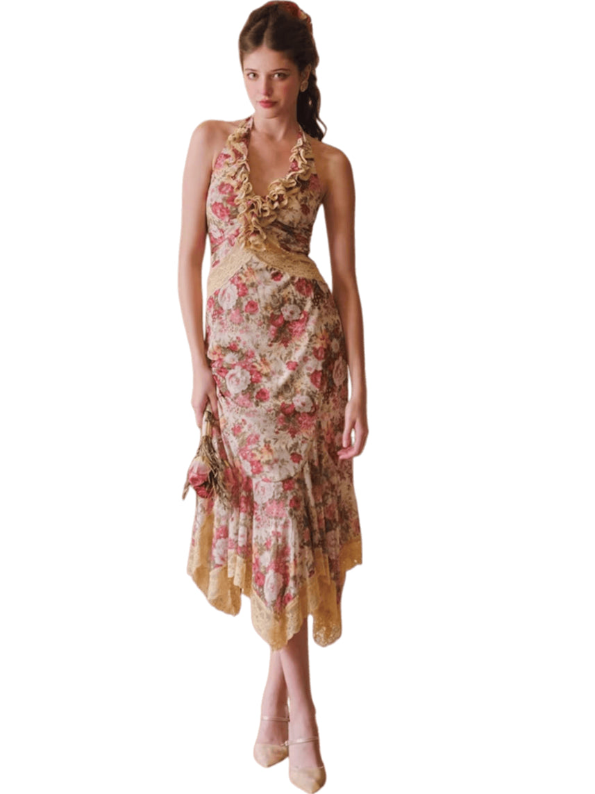 Flamenco Halter Mermaid Mesh Dress