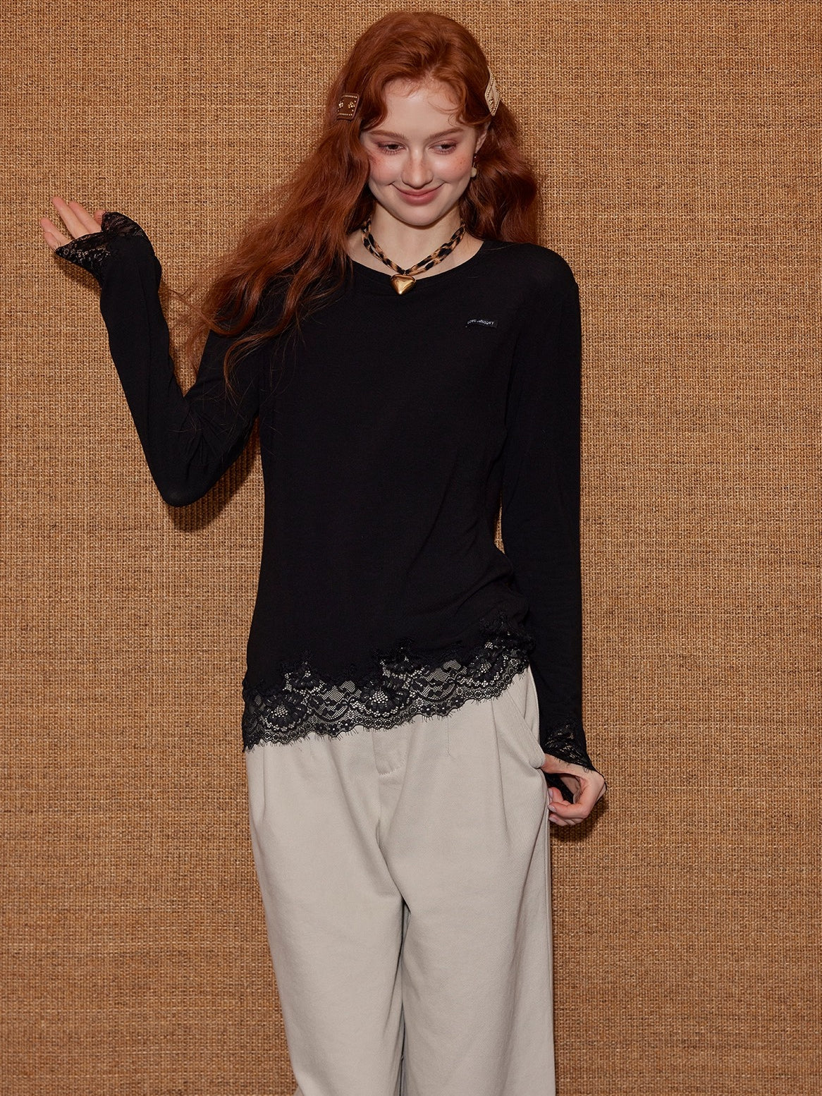 Lace-Paneled Round-Neck Long-Sleeve T-Shirt - CHINASQUAD