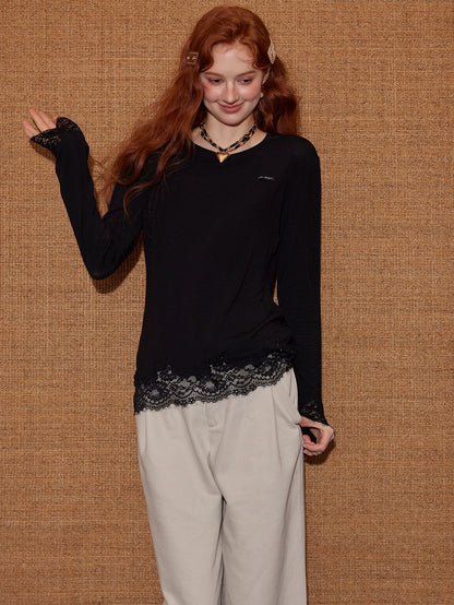 Lace-Paneled Round-Neck Long-Sleeve T-Shirt - CHINASQUAD