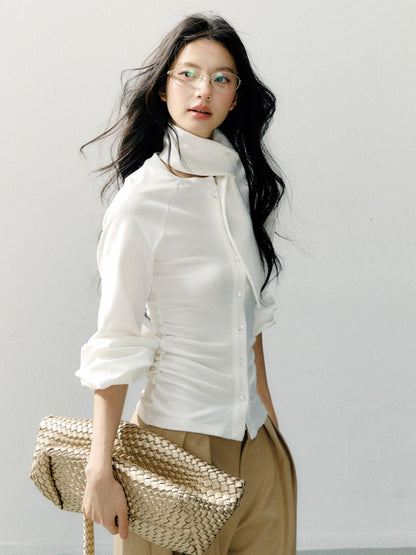 Scarf Collar Fitted Knit Long Sleeve Shirt