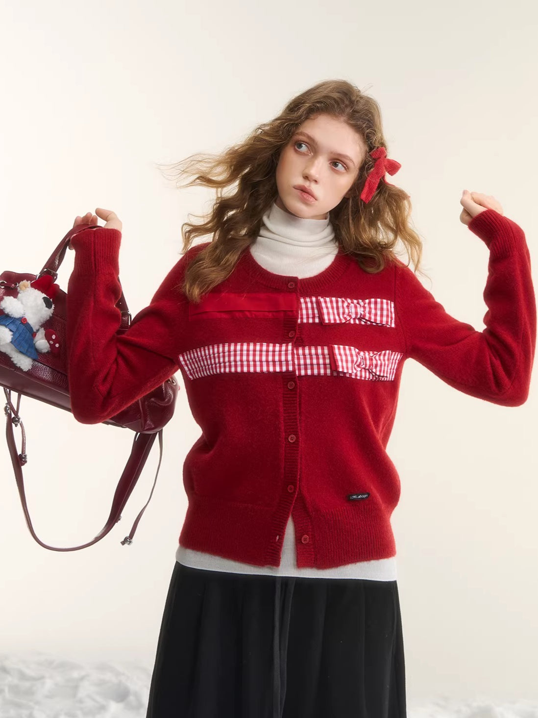 Vintage Checkered Patchwork Bow Knit Cardigan