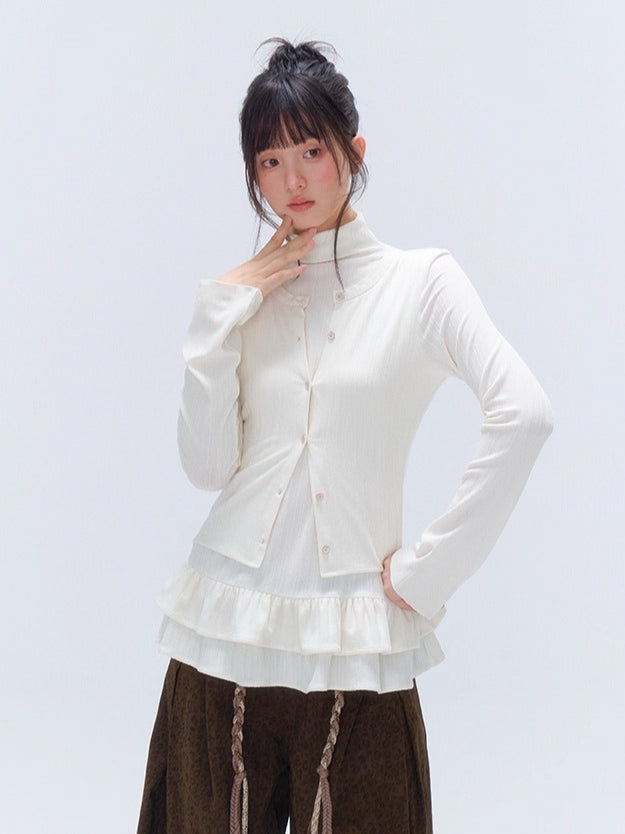 Faux Layered Ruffle-Trim Base Turtleneck