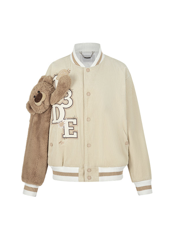 Bear Sleeve Corduroy Baseball Jacket