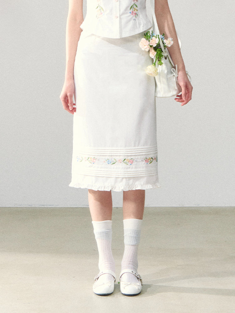 Embroidered Short-sleeve Waist-cinching Shirt &amp; Skirt Set