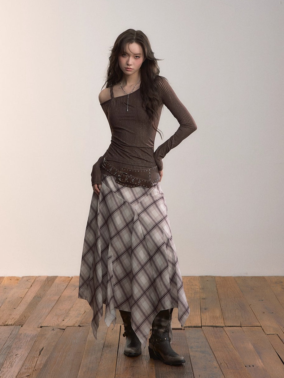 Irregular Hem Plaid Midi Skirt