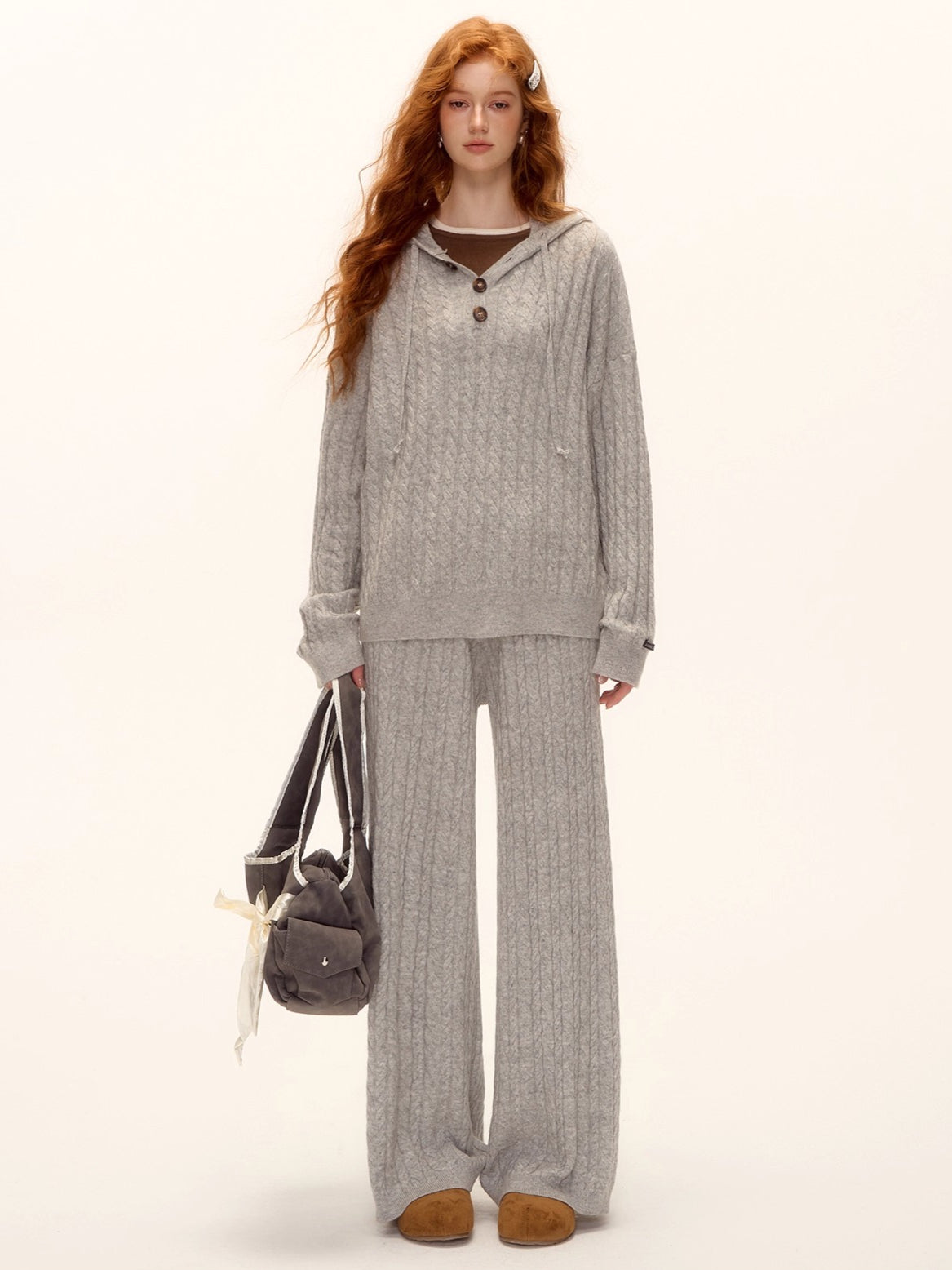 Wool Blend Cable Knit Hoodie &amp; Wide-Leg Pants Set