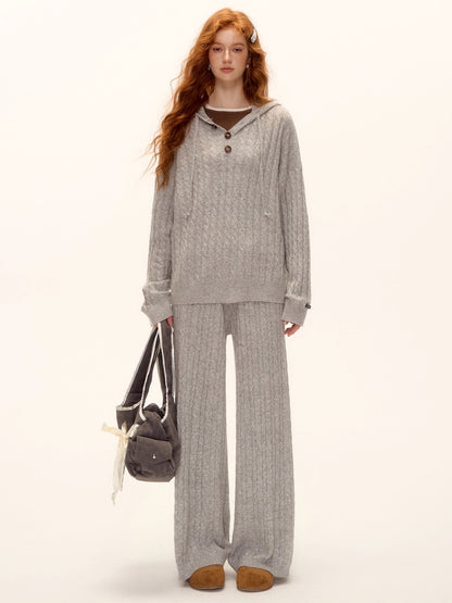 Wool Blend Cable Knit Hoodie &amp; Wide-Leg Pants Set