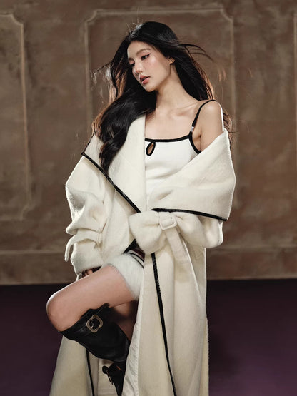 Wool-Blend Long Coat &amp; Striped Slip Dress Set