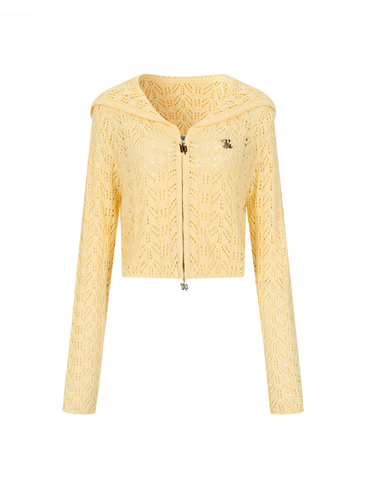 Double Collar Hollow Short Knitted Cardigan