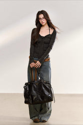 Gray Beaded Halter Bow-Knot Fitted Knit Blouse - CHINASQUAD