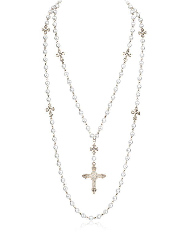 Layered Punk Heart Pearl Cross Long Necklace