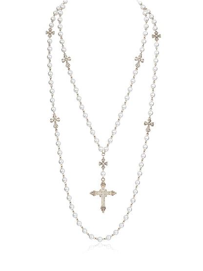 Layered Punk Heart Pearl Cross Long Necklace