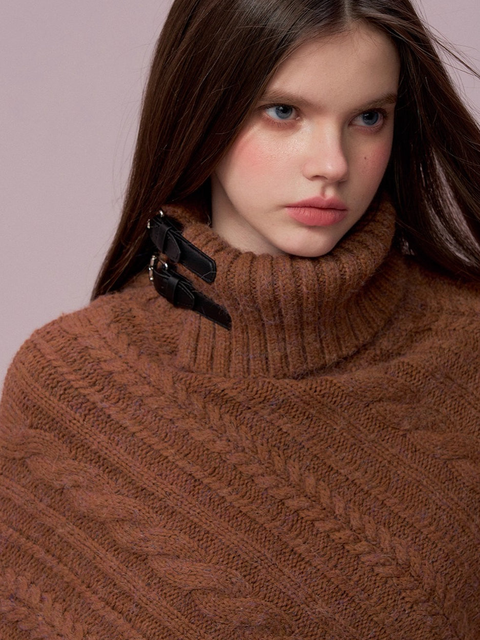Leather-Buckle Thickened Cape Sweater