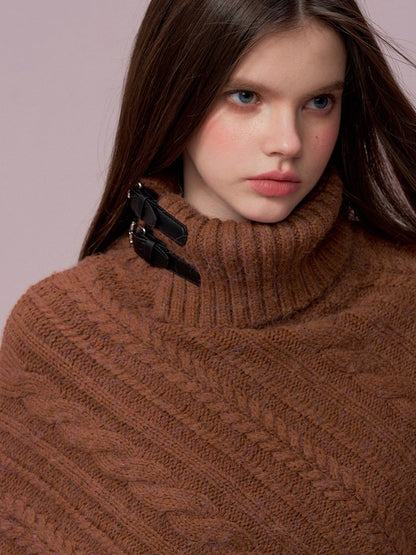 Leather-Buckle Thickened Cape Sweater