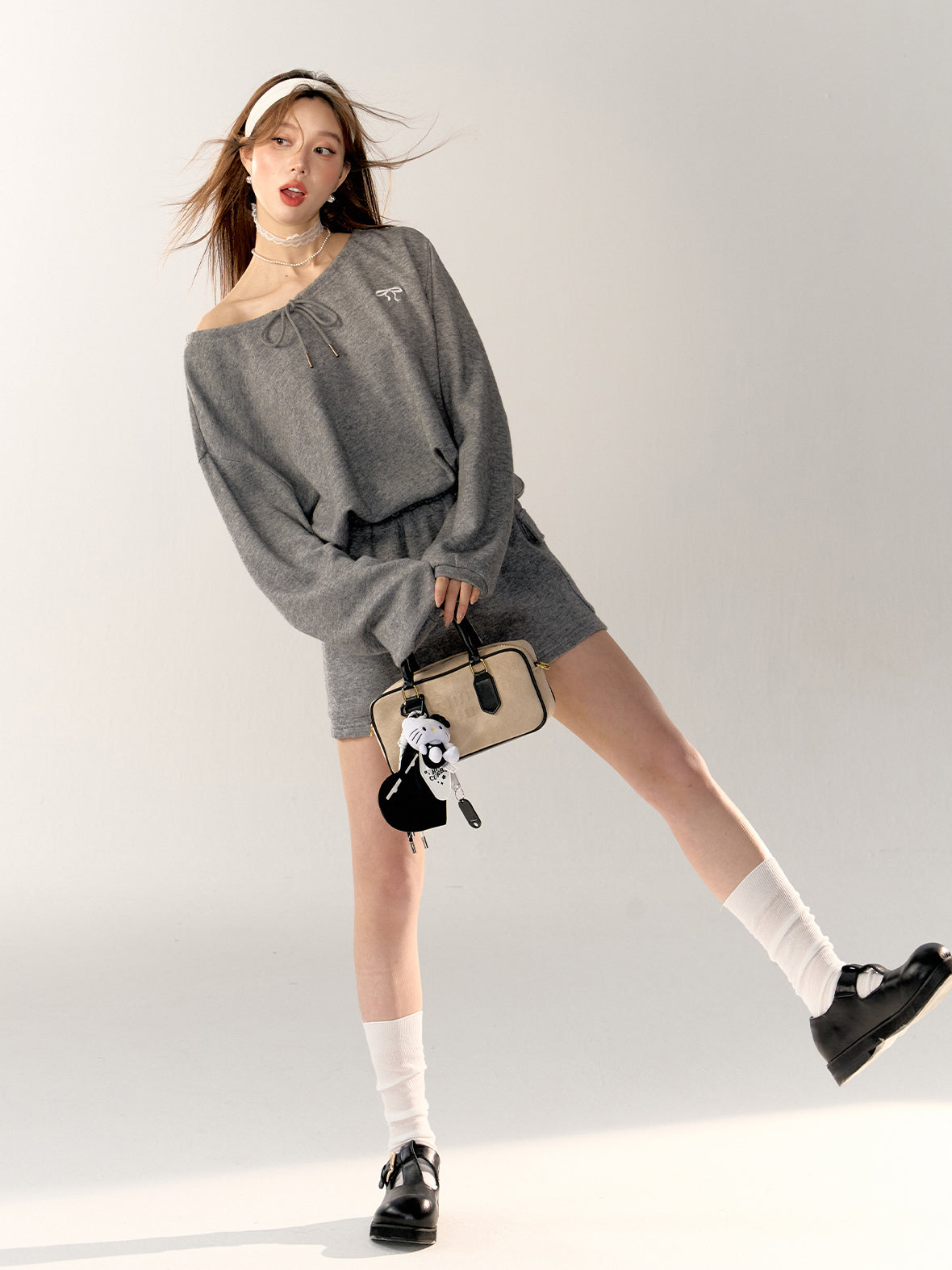 Asymmetric Embroidered Bow Sweatshirt &amp; Skirt Set