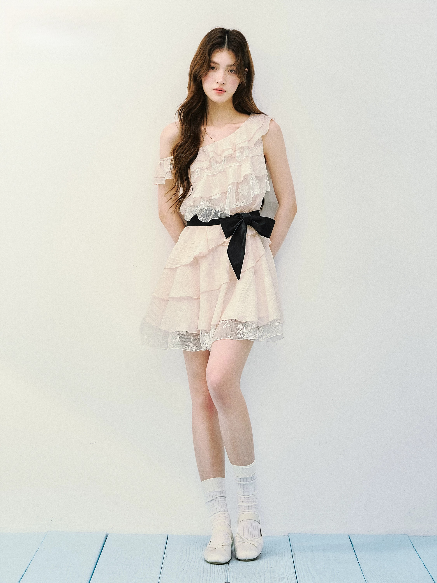 Asymmetric Lace Tiered Ruffle Dress