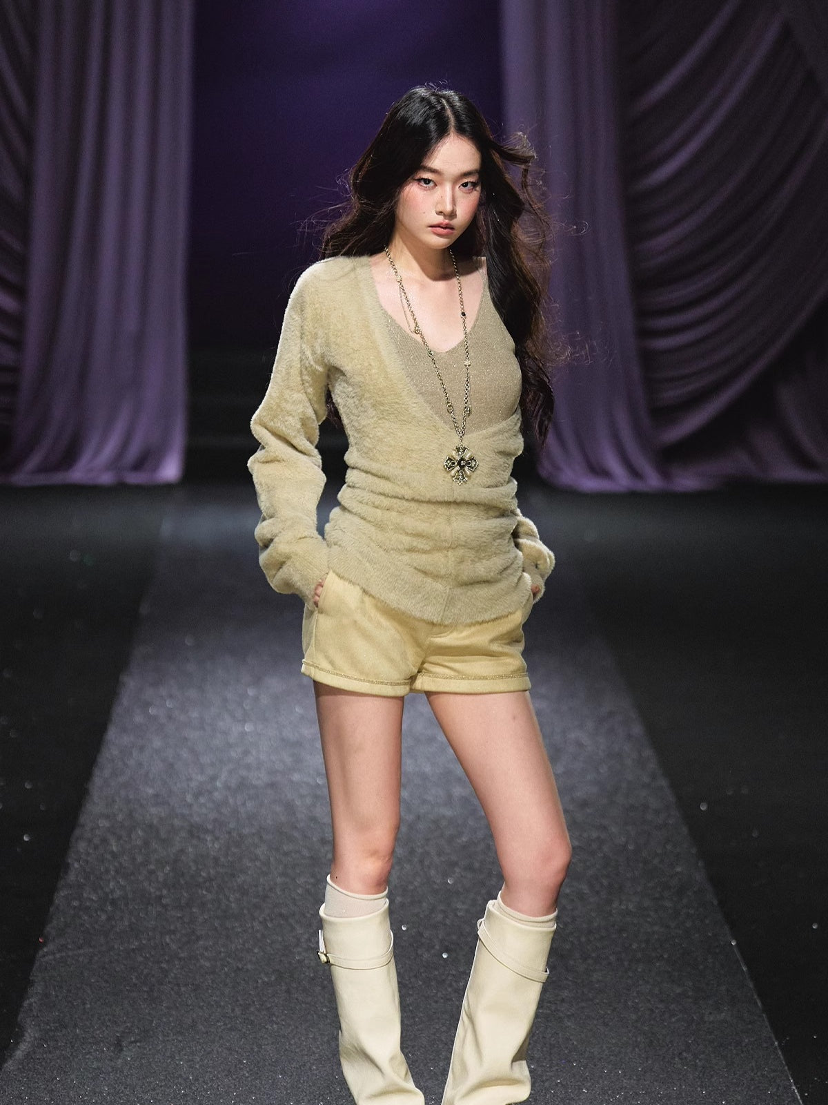 Shimmery Knit V-neck &amp; Camisole Two-Piece Set