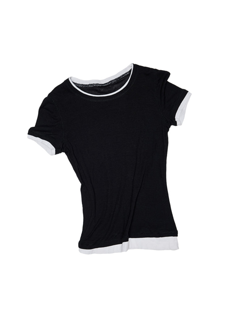 Fake Two-piece Color-Blocking Slightly Sheer T-Shirt