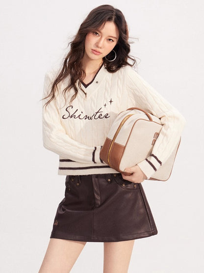 Layered-Effect Embroidered Knit V-Neck Sweater
