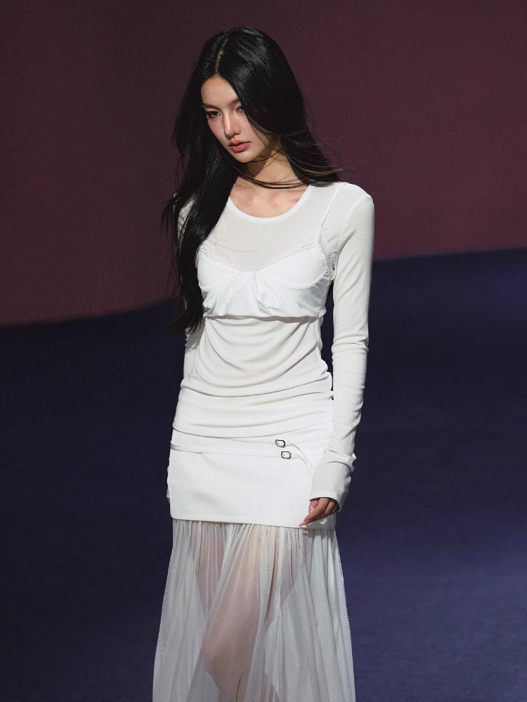 Lyocell Fake Two-piece Sheer Blouse &amp; Skirt Set