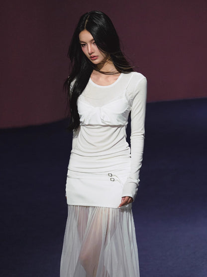 Lyocell Fake Two-piece Sheer Blouse &amp; Skirt Set