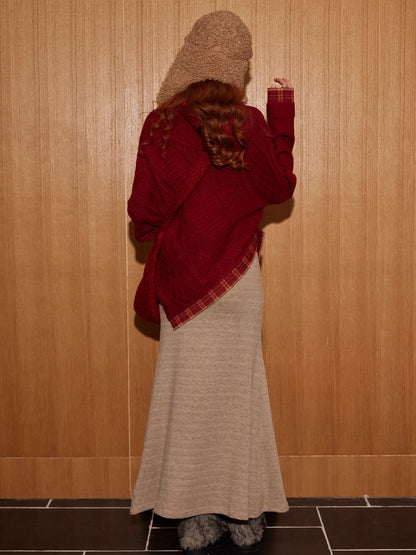 Plaid Patchwork Batwing Knit Turtleneck