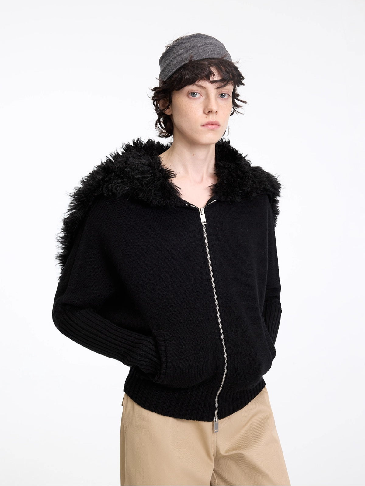 Wool-Blend Hooded Faux Fur Collar Knit Jacket