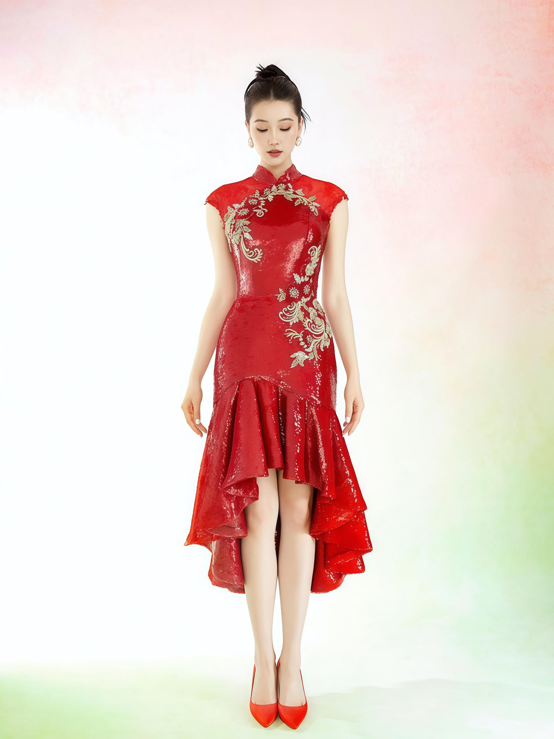 Red Embroidered High-Low Cheongsam Dress