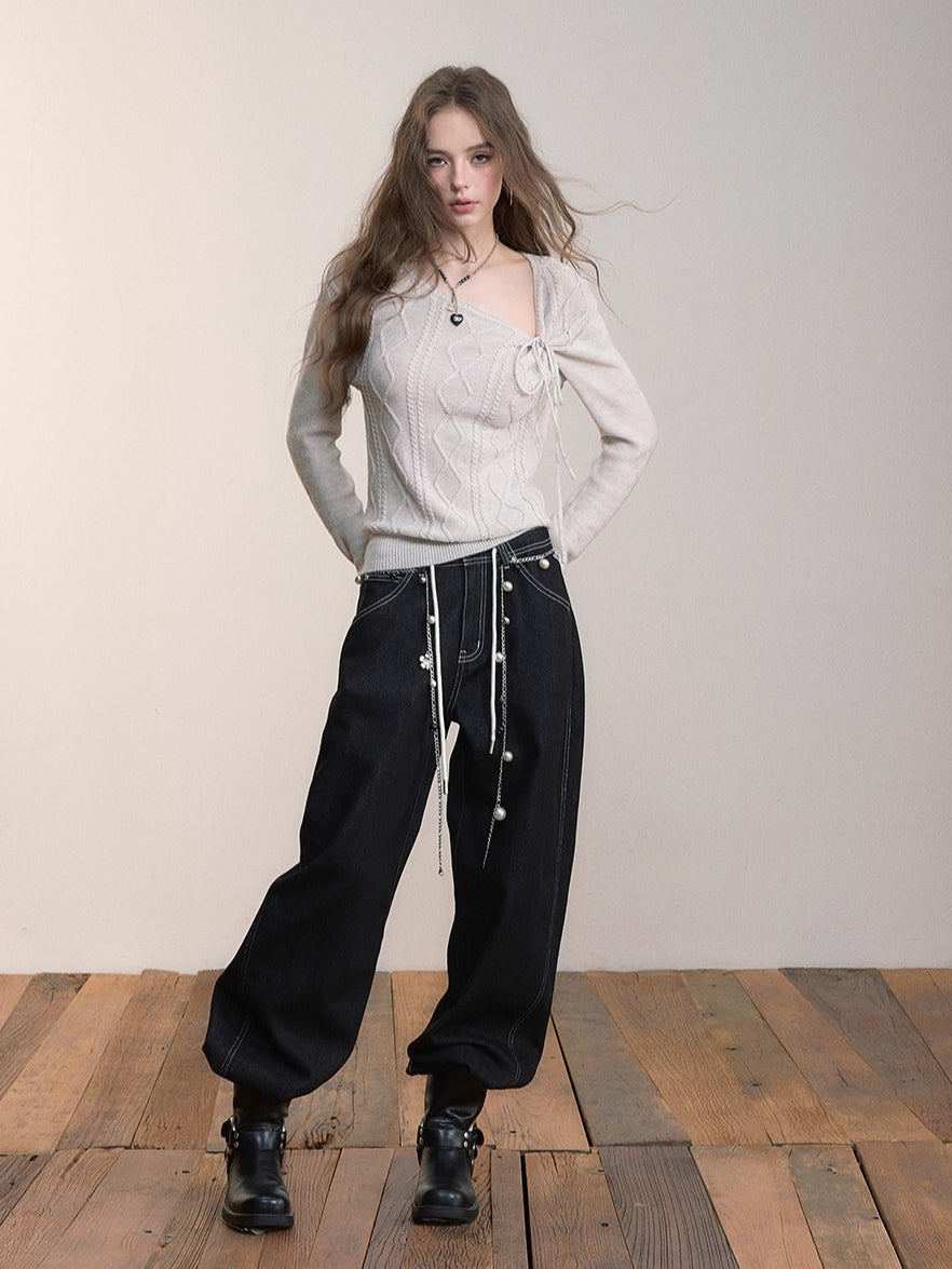 Asymmetrical Tie-Neck Cable Knit Sweater