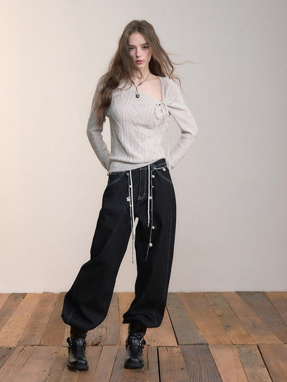 Asymmetrical Tie-Neck Cable Knit Sweater