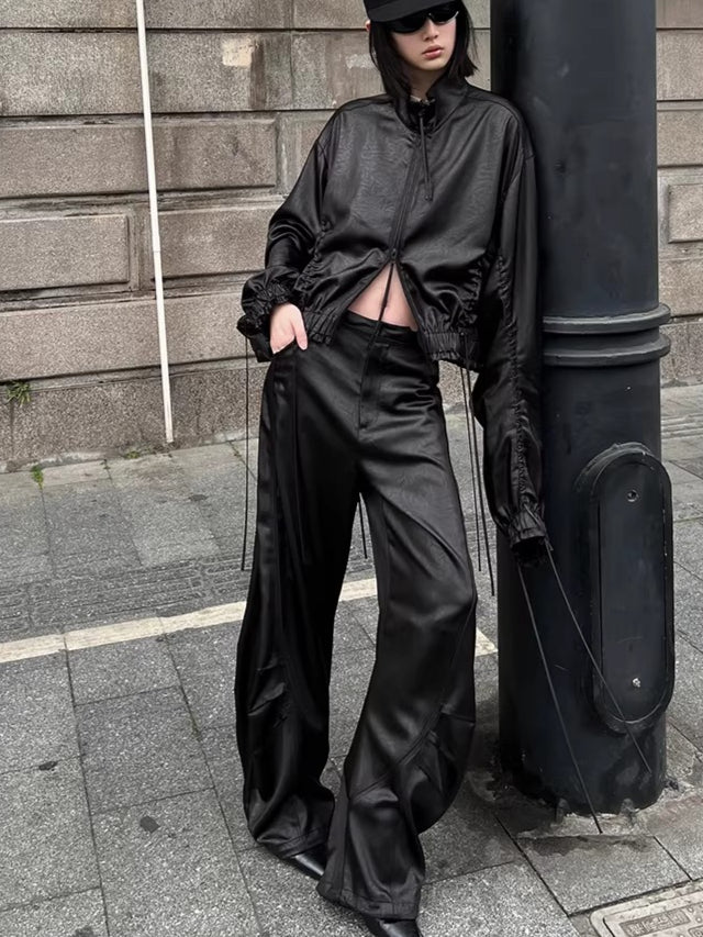 Draped Satin Pleated Wide-Leg Trousers