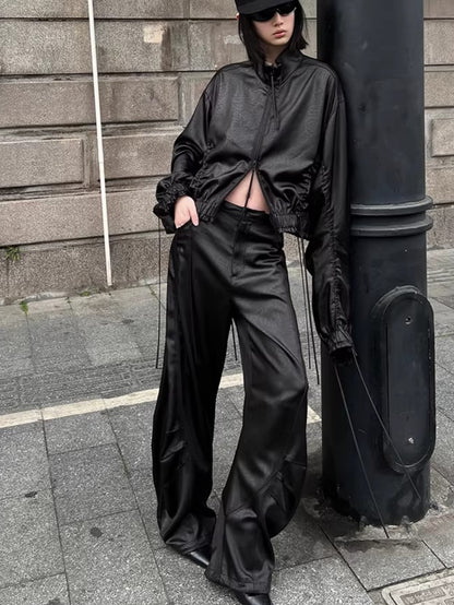 Draped Satin Pleated Wide-Leg Trousers