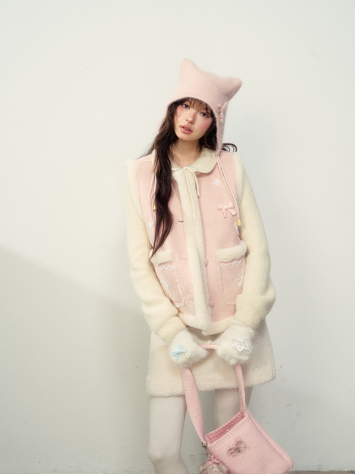 Pink Snowflake Embroidered Faux Shearling Vest