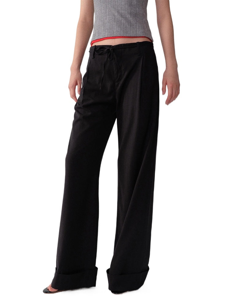 Black-Red Striped Cuffed Suit Wide-Leg Pants