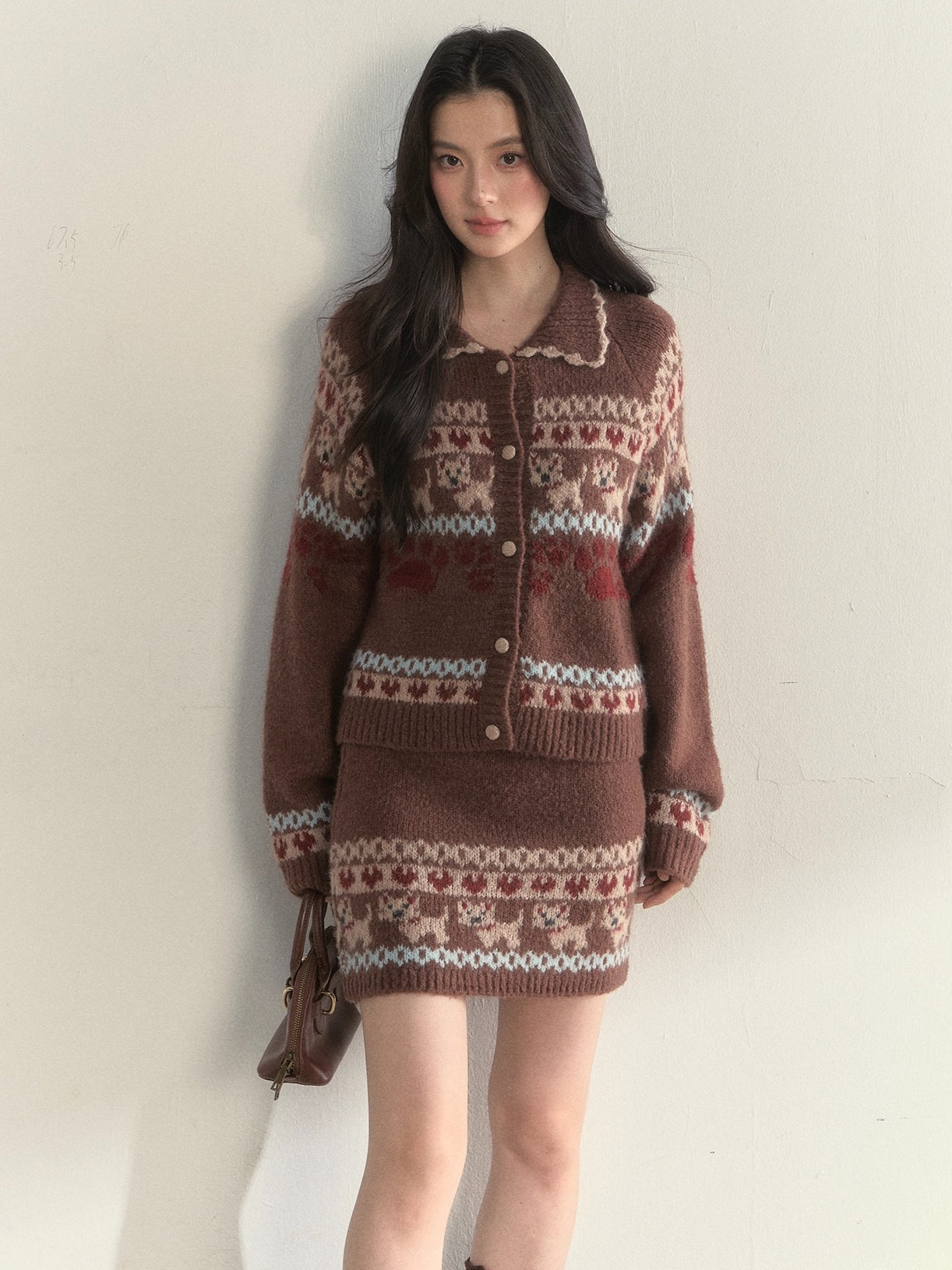 “Puppy Fair Isle” Vintage Knit Cardigan &amp; Skirt Set