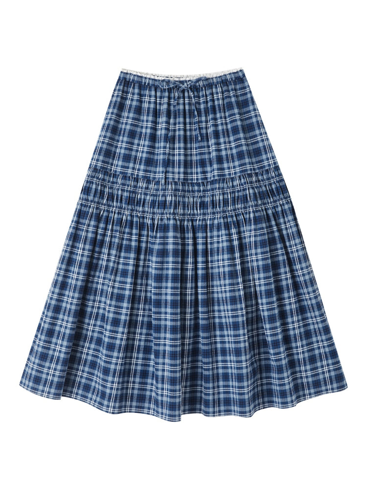 Lace Trim Drawstring Plaid Skirt