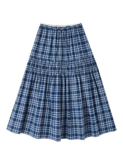 Lace Trim Drawstring Plaid Skirt