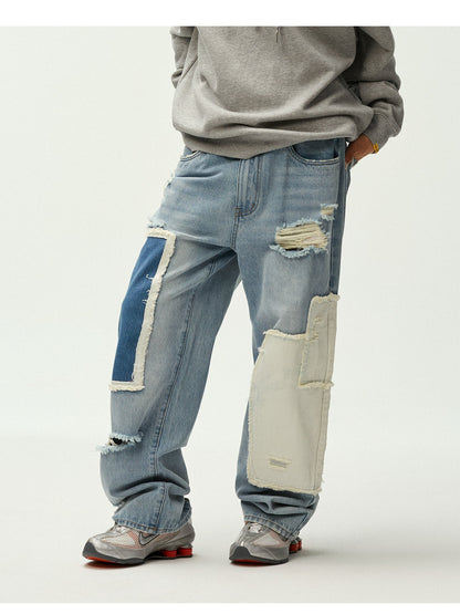 Asymmetric Patchwork Distressed Straight-Leg Jeans